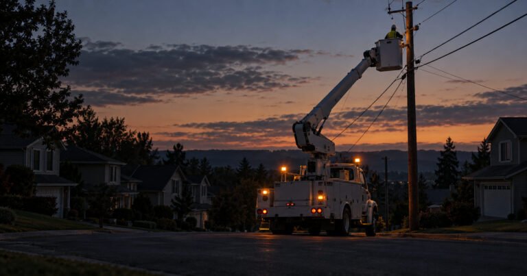 Dark suburban houses at dusk and an unmarked utility bucket truck beside a pole