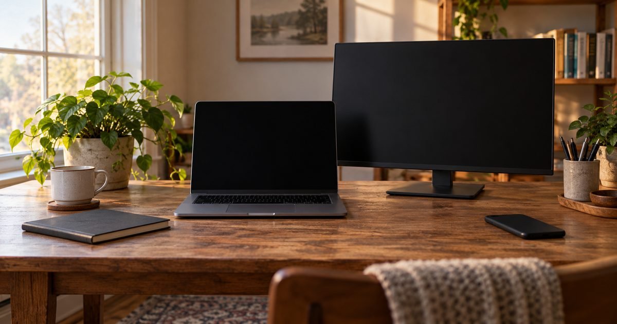 Laptop, dark external monitor and closed notebook on a home office desk in soft morning light