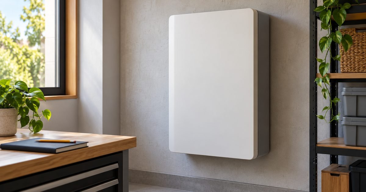 Unbranded wall-mounted home battery with a closed notebook in a clean utility room