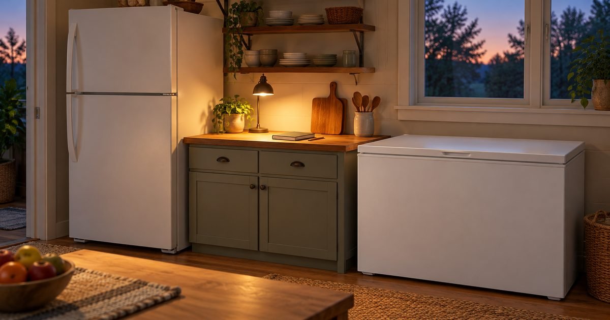 Closed refrigerator and chest freezer with a notebook and small lamp in a quiet home utility kitchen